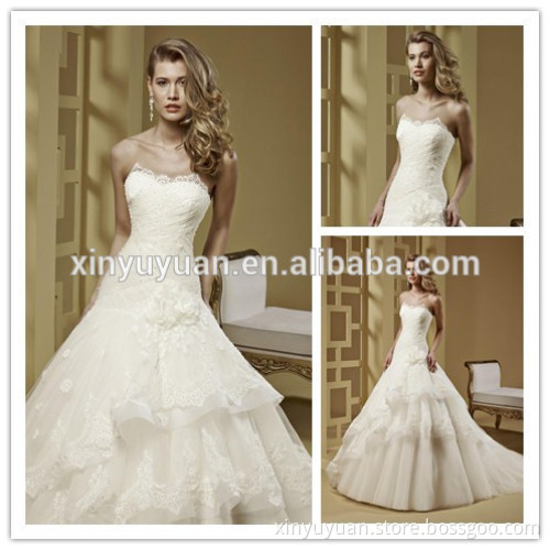 Newest Arrived 2016 beautiful strapless scalloped neckline Lace pearls wedding dresses DM-020 vestidos de novia wedding dress
